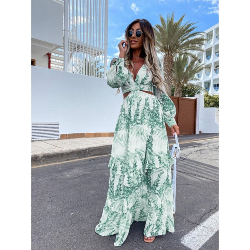 Alazne - Elegancka Maxi Sukienka z Wytwornymi Wycięciami