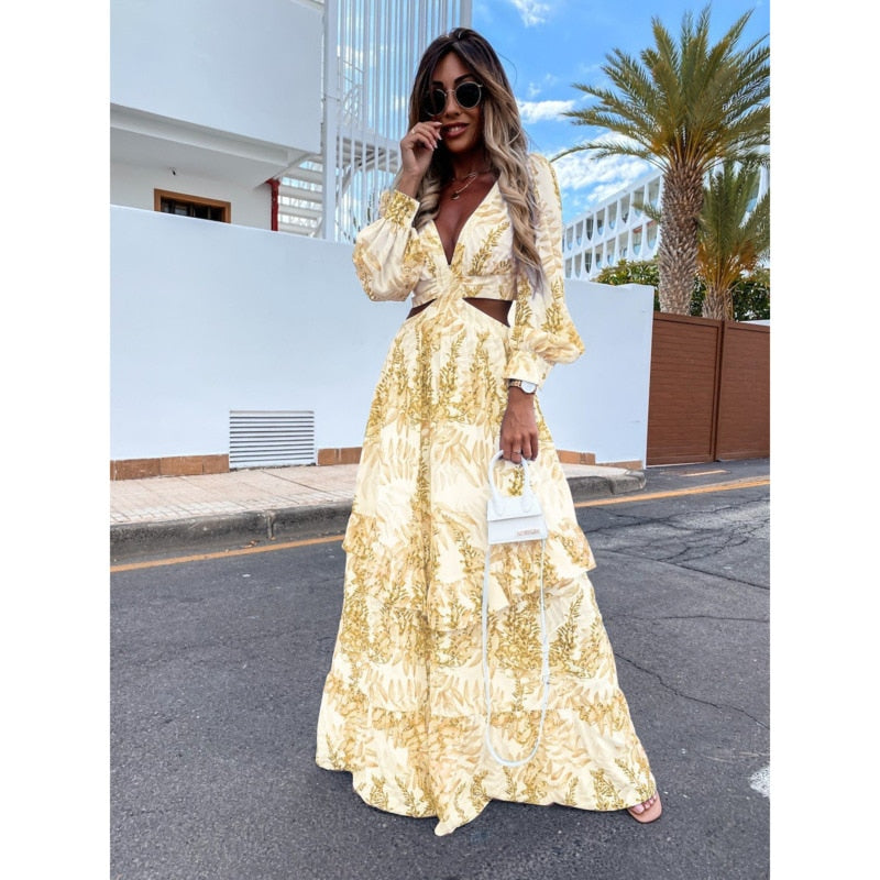 Alazne - Elegancka Maxi Sukienka z Wytwornymi Wycięciami