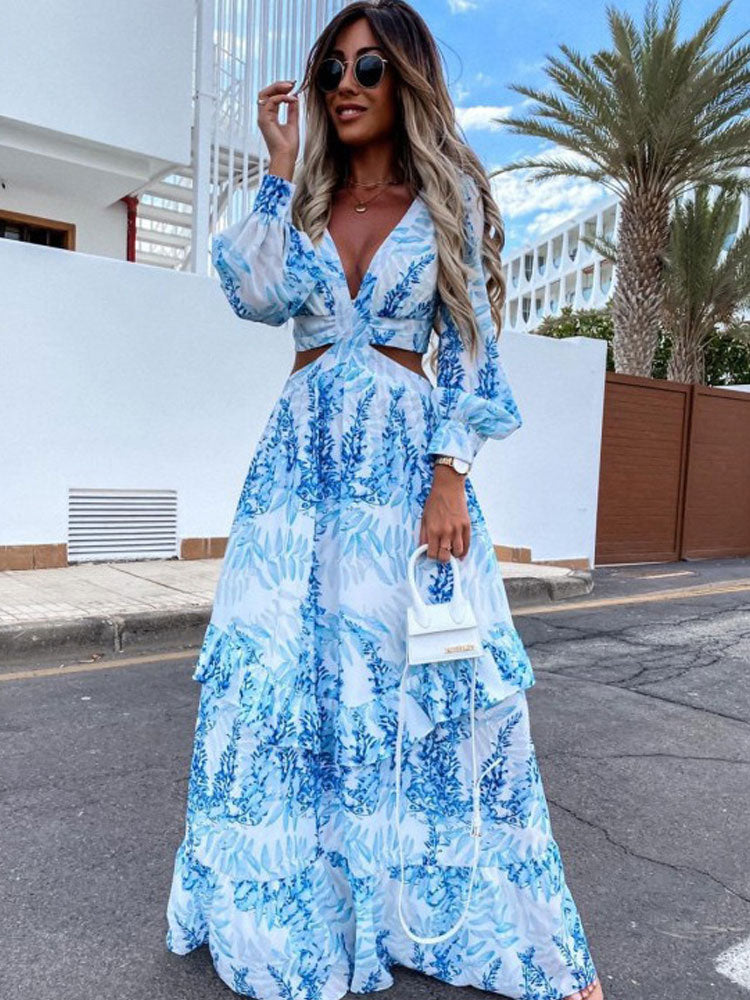 Alazne - Elegancka Maxi Sukienka z Wytwornymi Wycięciami